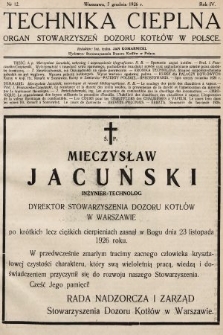 Technika Cieplna : organ Stowarzyszeń Dozoru Kotłów w Polsce. R. 4, 1926, nr 12