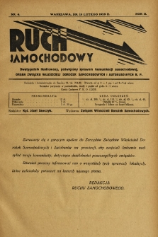 Ruch Samochodowy : Dwutygodnik ilustrowany, poświęcony sprawom komunikacji samochodowej, organ Związku Właścicieli Dorożek Samochodowych i Autobusowych R.P.. 1928, nr 4
