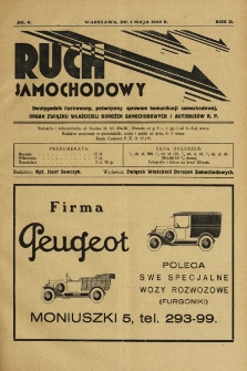 Ruch Samochodowy : Dwutygodnik ilustrowany, poświęcony sprawom komunikacji samochodowej, organ Związku Właścicieli Dorożek Samochodowych i Autobusowych R.P.. 1928, nr 9
