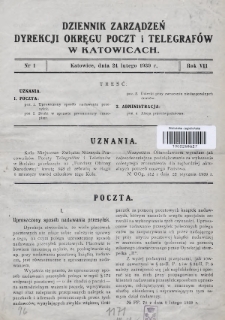 Dziennik Zarządzeń Dyrekcji Okręgu Poczt i Telegrafów w Katowicach. 1939, nr 1