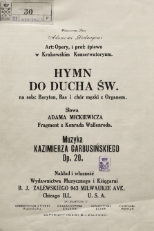 Hymn do Ducha Św. : na sola: baryton, bas i chór męzki z organem : op. 20