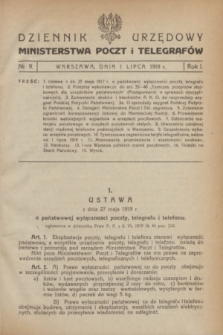 Dziennik Urzędowy Ministerstwa Poczt i Telegrafów. R.1, № 9 (1 lipca 1919)