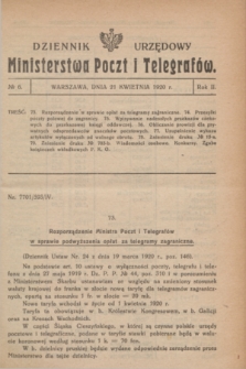 Dziennik Urzędowy Ministerstwa Poczt i Telegrafów. R.2, № 6 (21 kwietnia 1920)