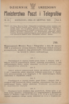 Dziennik Urzędowy Ministerstwa Poczt i Telegrafów. R.2, № 20 (28 sierpnia 1920)