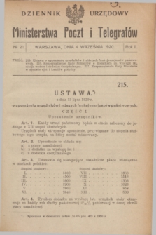 Dziennik Urzędowy Ministerstwa Poczt i Telegrafów. R.2, № 21 (4 września 1920) + dod.