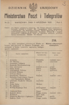 Dziennik Urzędowy Ministerstwa Poczt i Telegrafów. R.2, № 22 (11 września 1920)