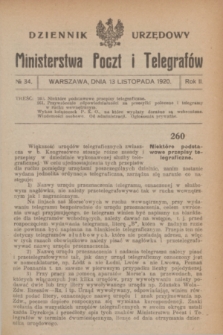 Dziennik Urzędowy Ministerstwa Poczt i Telegrafów. R.2, № 34 (13 listopada 1920)