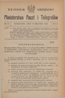 Dziennik Urzędowy Ministerstwa Poczt i Telegrafów. R.2, № 40 (18 grudnia 1920)