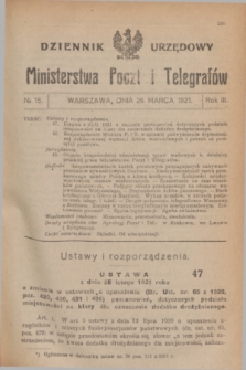 Dziennik Urzędowy Ministerstwa Poczt i Telegrafów. R.3, № 15 (26 marca 1921)