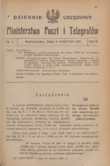 Dziennik Urzędowy Ministerstwa Poczt i Telegrafów. R.3, № 17 (9 kwietnia 1921)