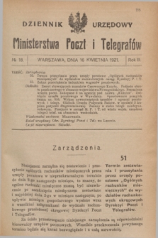 Dziennik Urzędowy Ministerstwa Poczt i Telegrafów. R.3, № 18 (16 kwietnia 1921)