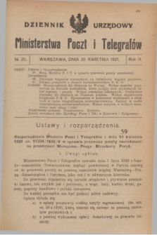 Dziennik Urzędowy Ministerstwa Poczt i Telegrafów. R.3, № 20 (30 kwietnia 1921)