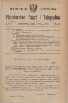 Dziennik Urzędowy Ministerstwa Poczt i Telegrafów. R.3, № 21 (7 maja 1921)