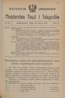 Dziennik Urzędowy Ministerstwa Poczt i Telegrafów. R.3, № 26 (28 maja 1921)