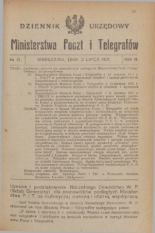 Dziennik Urzędowy Ministerstwa Poczt i Telegrafów. R.3, № 31 (2 lipca 1921)