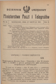 Dziennik Urzędowy Ministerstwa Poczt i Telegrafów. R.3, № 39 (27 sierpnia 1921)