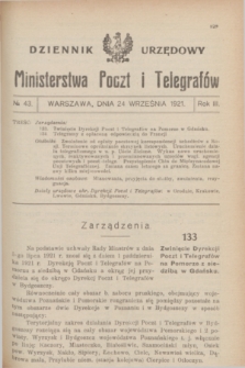 Dziennik Urzędowy Ministerstwa Poczt i Telegrafów. R.3, № 43 (24 września 1921)