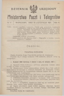 Dziennik Urzędowy Ministerstwa Poczt i Telegrafów. R.3, № 51 (19 listopada 1921)