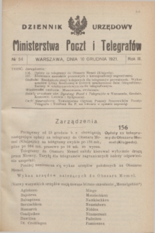 Dziennik Urzędowy Ministerstwa Poczt i Telegrafów. R.3, № 54 (10 grudnia 1921)