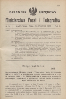 Dziennik Urzędowy Ministerstwa Poczt i Telegrafów. R.3, № 56 (24 grudnia 1921)