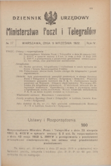 Dziennik Urzędowy Ministerstwa Poczt i Telegrafów. R.4, № 37 (9 września 1922)