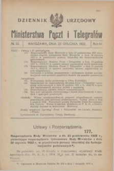 Dziennik Urzędowy Ministerstwa Poczt i Telegrafów. R.4, № 56 (23 grudnia 1922)