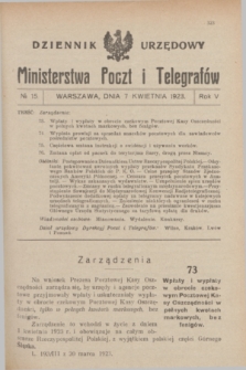 Dziennik Urzędowy Ministerstwa Poczt i Telegrafów. R.5, № 15 (7 kwietnia 1923)