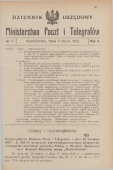 Dziennik Urzędowy Ministerstwa Poczt i Telegrafów. R.5, № 19 (5 maja 1923) + dod.