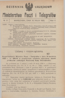 Dziennik Urzędowy Ministerstwa Poczt i Telegrafów. R.5, № 21 (19 maja 1923)