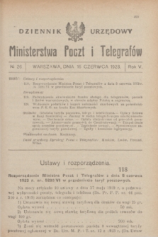 Dziennik Urzędowy Ministerstwa Poczt i Telegrafów. R.5, № 26 (16 czerwca 1923) + dod.