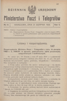Dziennik Urzędowy Ministerstwa Poczt i Telegrafów. R.5, № 36 (21 sierpnia 1923)