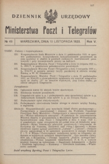 Dziennik Urzędowy Ministerstwa Poczt i Telegrafów. R.5, № 49 (10 listopada 1923)