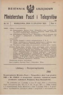 Dziennik Urzędowy Ministerstwa Poczt i Telegrafów. R.5, № 54 (15 grudnia 1923)