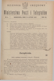Dziennik Urzędowy Ministerstwa Poczt i Telegrafów. R.9, № 5 (19 lutego 1927)