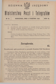 Dziennik Urzędowy Ministerstwa Poczt i Telegrafów. R.9, nr 13 (8 kwietnia 1927)