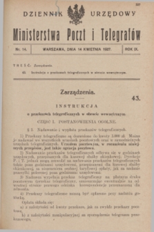 Dziennik Urzędowy Ministerstwa Poczt i Telegrafów. R.9, nr 14 (14 kwietnia 1927)