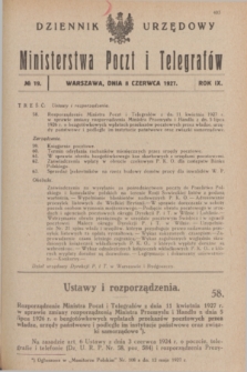 Dziennik Urzędowy Ministerstwa Poczt i Telegrafów. R.9, № 19 (8 czerwca 1927)