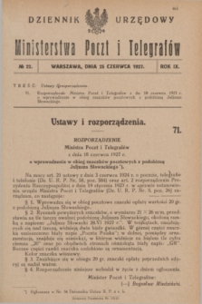 Dziennik Urzędowy Ministerstwa Poczt i Telegrafów. R.9, № 22 (25 czerwca 1927)