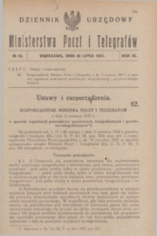 Dziennik Urzędowy Ministerstwa Poczt i Telegrafów. R.9, nr 26 (30 lipca 1927)