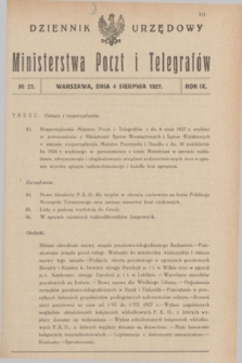 Dziennik Urzędowy Ministerstwa Poczt i Telegrafów. R.9, nr 27 (4 sierpnia 1927)