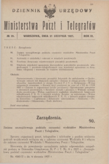 Dziennik Urzędowy Ministerstwa Poczt i Telegrafów. R.9, nr 29 (31 sierpnia 1927)