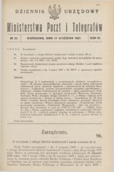 Dziennik Urzędowy Ministerstwa Poczt i Telegrafów. R.9, № 31 (17 września 1927)