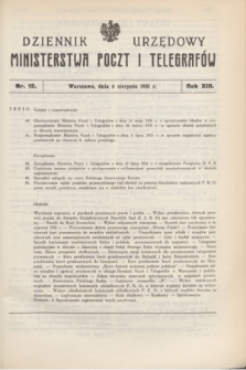 Dziennik Urzędowy Ministerstwa Poczt i Telegrafów. R.13, nr 12 (6 sierpnia 1931) + dod.