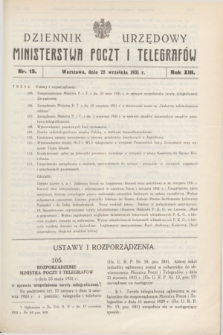 Dziennik Urzędowy Ministerstwa Poczt i Telegrafów. R.13, nr 15 (28 września 1931) + dod.