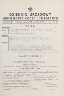 Dziennik Urzędowy Ministerstwa Poczt i Telegrafów. R.20, nr 8 (29 kwietnia 1938)