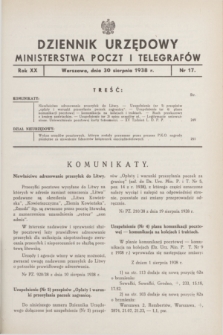 Dziennik Urzędowy Ministerstwa Poczt i Telegrafów. R.20, nr 17 (30 sierpnia 1938)