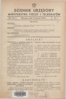 Dziennik Urzędowy Ministerstwa Poczt i Telegrafów. R.21, nr 1 (10 stycznia 1939)