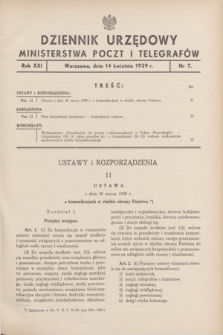 Dziennik Urzędowy Ministerstwa Poczt i Telegrafów. R.21, nr 7 (14 kwietnia 1939) + zał.