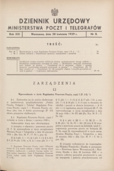 Dziennik Urzędowy Ministerstwa Poczt i Telegrafów. R.21, nr 8 (28 kwietnia 1939)