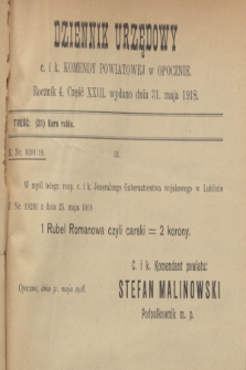 Dziennik Urzędowy c. i k. Komendy Powiatowej w Opocznie.R.4, cz. 23 (31 maja 1918)